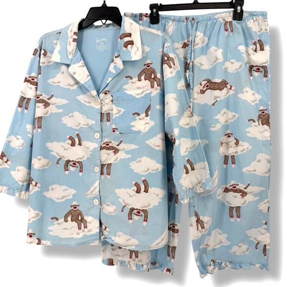Nick & Nora Ruffle Sock Monkey Pajamas Set Women's Sz XL Blue Clouds 100% Cotton - Picture 1 of 12